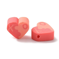 Valentinstag Thema handgefertigte Fimo-Perlen, Herz mit Wort xo, rosa, 9~9.5x10.5~11x4 mm, Bohrung: 1.4~1.5 mm