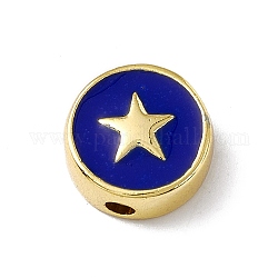Perle di smalto in ottone, placcato di lunga durata,  cadmio& piombo libero, vero placcato oro 18k, piatta e rotonda con stella, blu, 11x4.5mm, Foro: 1.8 mm