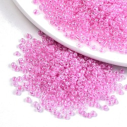 8/0 Glass Seed Beads, Inside Colours, Round Hole, Round, Transparent Colours Rainbow, Pearl Pink, 8/0, 3~4x2~3mm, Hole: 0.8mm, about 1666pcs/50g