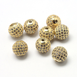 Gestell Messing Zirkonia Perlen, langlebig plattiert, Runde, Transparent, golden, 9.5~10x9~9.5 mm, Bohrung: 2 mm