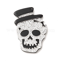 Pendentifs acryliques d'halloween, avec des paillettes, tête de mort avec breloque chapeau, couleur d'argent, 45x30x4mm, Trou: 2mm
