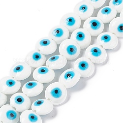 Hechos a mano de mal de ojo lampwork perlas hebras, plano y redondo, blanco, 14~15.5x8mm, agujero: 1~1.4 mm, aproximamente 14 pcs / cadena, 12.60 pulgada (32 cm)