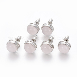 Natural Rose Quartz Stud Earrings, with Brass Findings, Half Round, Platinum, 12mm, Pin: 0.8mm