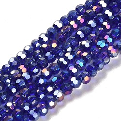Fili di perle di vetro elettrolitico sfaccettato (32 sfaccettatura)., ab colore placcato, tondo, blu scuro, 4mm, Foro: 0.5 mm, circa 100pcs/filo, 14.2 pollice
