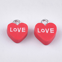 Amuletos de arcilla polimérica hechos a mano, con fornituras de hierro, corazón con el amor, Platino, para el dia de san valentin, rojo, 12~13x10~10.5x4~4.5mm, agujero: 1.8 mm