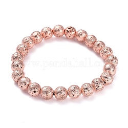 Bracelets extensibles en perles de lave naturelle galvanisées, Plaqué longue durée, ronde, rose plaqué or, 2-1/4 pouce (5.6 cm), perle: 8.5~9 mm
