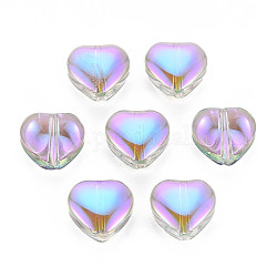 Placcare perle di vetro trasparenti, mezzo placcato, cuore, prugna, 9.5x10.5x5.5mm, Foro: 1 mm