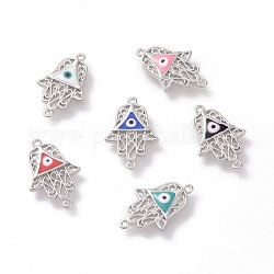 Brass Enamel Links connectors, Hamsa Hand/Hand of Fatima/Hand of Miriam with Evil Eye, Platinum, Mixed Color, 20.5x13x2mm, Hole: 1mm