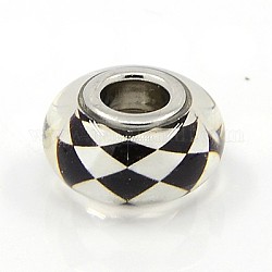 Glue Glass European Beads, Large Hole Beads, with Brass Double Cores, Rondelle, Platinum, Black, 14~15x8mm, Hole: 5mm