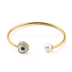 Bracelet manchette ouvert avec perles de coquillage et cœur avec mauvais œil, 304 bijoux en acier inoxydable pour femme, or, diamètre intérieur: 1-3/4x2-1/8 pouce (4.6x5.45 cm)
