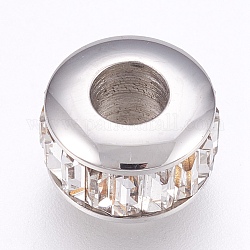 Abalorios europeos de 304 acero inoxidable, Abalorios de grande agujero, con diamante de imitación, plano y redondo, color acero inoxidable, 10.5x7mm, agujero: 4.5 mm