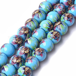 Perlas de vidrio impresas y en spray, redondo con estampado de flores, luz azul cielo, 12~12.5x11.5mm, agujero: 1.4 mm