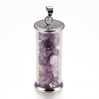 Alloy & Glass Wish Bottle Pendants, with Natural Amethyst Chips, Platinum, Column, 35x13.5mm, Hole: 4x3.5mm