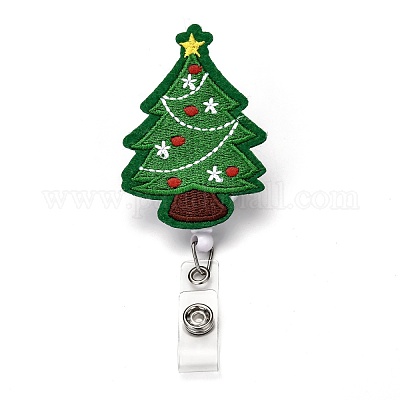 Christmas Tree Felt & ABS Plastic Badge Reel, Retractable Badge Holder,  with Iron Alligator Clip, Platinum, Green, 11cm, Christmas Tree: 72x45x24mm