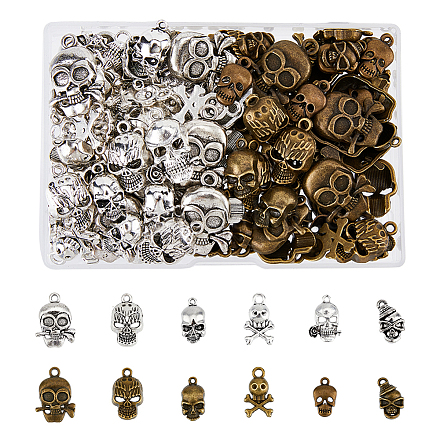 SUPERFINDINGS About 120Pcs 12 Style Halloween Skull Pendants Tibetan Style Alloy Pendant Antique Sliver Skeleton Charms for Earring Bracelet Necklace Jewellery Making DIY Crafts SKUL-FH0001-01-1