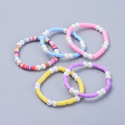 Umweltfreundliche handgefertigte Heishi Perlen aus Fimo für Kinder Stretch-Armbänder für Kinder BJEW-JB04326-M-1