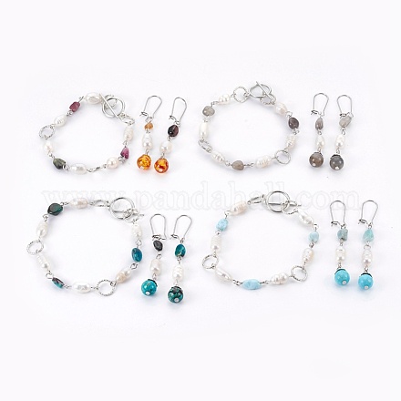 Natural & Synthetic Mixed Gemstone Bracelets & Earrings Jewelry Sets SJEW-JS00992-1