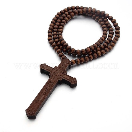 Wood Cross Pendant Necklace with Round Beaded Chains for Men Women RELI-PW0001-024D-1