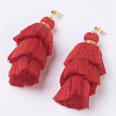 Gold Thread Nylon Tassel Dangle Stud Earrings EJEW-JE02702-02-1
