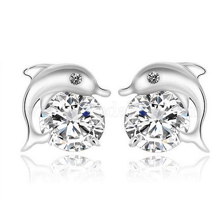 Real Platinum Plated Dolphin Brass Stud Earrings EJEW-EE0001-228-1