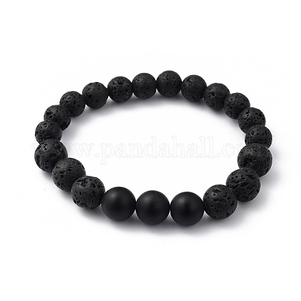 Natural Black Agate(Dyed) & Lava Rock Beaded Stretch Bracelets BJEW-JB05415-01-1