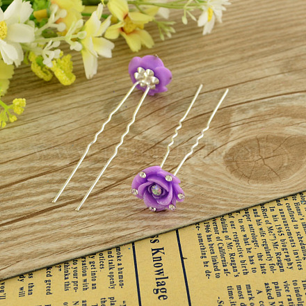 Lady's Hair Accessories Silver Color Iron Resin Flower Hair Forks PHAR-S199-08-1