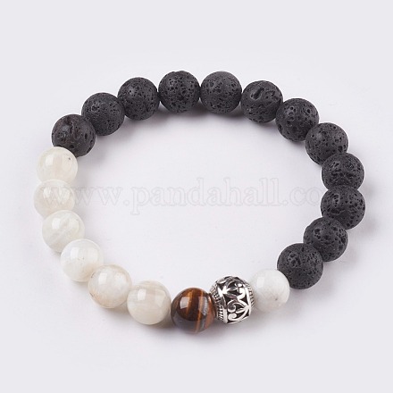 Natural White Moonstone and Natural Lava Rock Beads Stretch Bracelets BJEW-JB03735-02-1