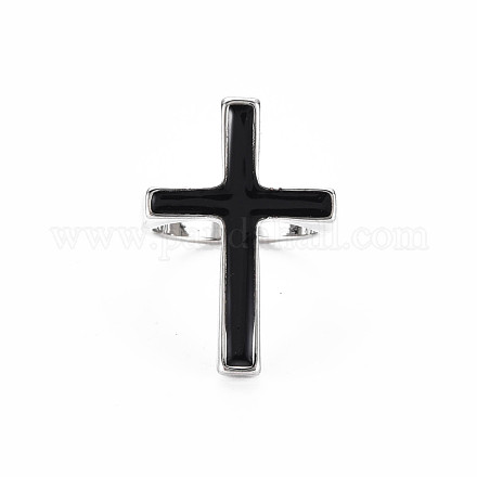 メンズアロイエナメルカフフィンガー指輪  オープンリング  カドミウムフリー＆鉛フリー  プラチナ  宗教  クロス  ブラック  usサイズ8（18.1mm） RJEW-N029-039-1