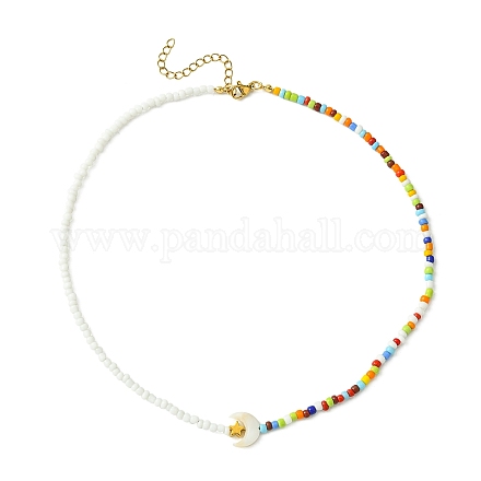 Glassamen- und 304 Edelstahl-Stern- und Mondmuschel-Perlenkette für Frauen NJEW-TA00114-1