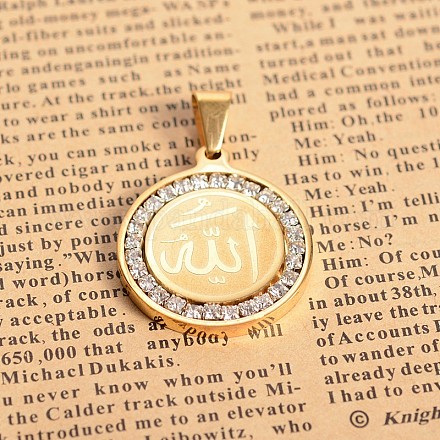 304 Stainless Steel Crystal Rhinestone Flat Round with Allah Pendants STAS-E093-16G-1