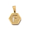 304 Stainless Steel Charms, Real 18K Gold Plated, Hexagon with Letter Charm, Letter F, 15x14x1.5mm, Hole: 3x5.5mm