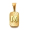 304 Stainless Steel Pendants, Rectangle with Letter Charm, Real 18K Gold Plated, Letter M, 22x12.5x4mm, Hole: 8x4mm