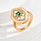 Brass Micro Pave Cubic Zirconia Finger Rings for Women, Flower, Golden, Green, 15x22mm, US Size 9(18.9mm)