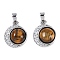 Brass Cubic Zirconia Pendants, with Natural Tiger Eye, Flat Round Charms, 15x12.5x6mm, Hole: 4.5x2.5mm