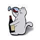 酔った猫の形の合金エナメルブローチピン  バックパック用  服  ホワイト  30x24.5x1.5mm JEWB-R021-08A-1