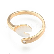 Natural Shell Heart Open Cuff Ring with Clear Cubic Zirconia RJEW-N039-09LG