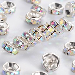 Séparateurs perles en laiton avec strass, sans cadmium et sans plomb, bride droite, rondelle, couleur d'argent, cristal ab, 6mm, Trou: 1.5~1.6mm