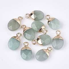 Die natürlichen grünen Aventurin-Charms galvanisieren, mit  eisernem Zubehör, kantille, facettiert, Oval, golden, 14~15x8x5~5.5 mm, Bohrung: 1.8 mm