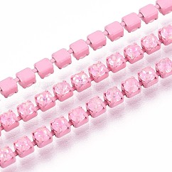 Chaînes strass de fer de tasse, avec bobine, perle rose, 2x2x2mm, environ 29.99 pied (9.14 m)/rouleau