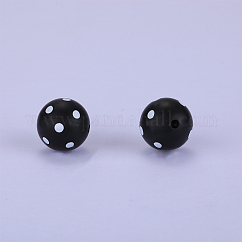 Redondo impreso con cuentas focales de silicona con patrón de lunares, negro, 15x15mm, agujero: 2 mm