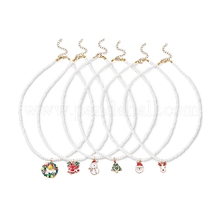 6 stücke 6 arten legierung emaille weihnachtsmann weihnachtsbaum hirsch schneemann anhänger weiß glass seed perlen halsketten für frauen&nbsp;NJEW-JN05463