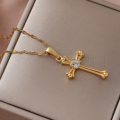 Collares con colgante de cruz religiosa de acero inoxidable 304 vintage con rhinestone para mujer&nbsp;XZ4218