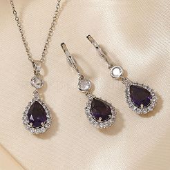 Halsketten- und Ohrring-Sets mit Tropfenanhänger aus Messing mit Mikropavé und klarem Zirkonia und Glas für Damen&nbsp;RT7280