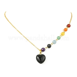 Colliers pour femmes avec pendentif cœur en onyx noir naturel (teint et chauffé) et chaîne en laiton.&nbsp;NJEW-JN06267-02