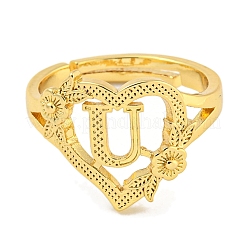 Anillos ajustables de latón chapado en forma de corazón con letras y flores para mujer&nbsp;RJEW-I105-05G-U