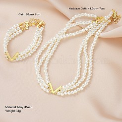 Ensembles de bracelets et ras du cou multicouches en alliage et perles rondes en plastique avec lettre V&nbsp;FS-WG3C0FB-01