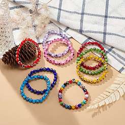 9 pièces 9 couleurs à la main mauvais œil au chalumeau rond perlé extensible bracelets ensemble pour enfants&nbsp;BJEW-JB08899