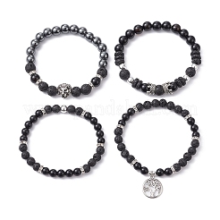 4 Stück 4-teiliges Stretch-Armband-Set mit Perlen aus natürlichem schwarzen Onyx und Lavagestein&nbsp;BJEW-JB09672
