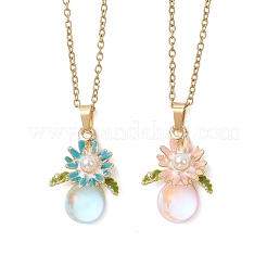 2 pz 2 colori lega smalto e ABS imitazione perla e ciondolo a forma di fiore in vetro 304 catena in acciaio inossidabile per donna&nbsp;NJEW-JN05992