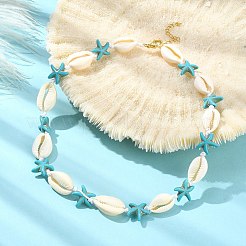 Collier de perles en coquillage naturel et étoile de mer turquoise synthétique avec fermoirs en acier inoxydable 304&nbsp;NJEW-TA00107-01